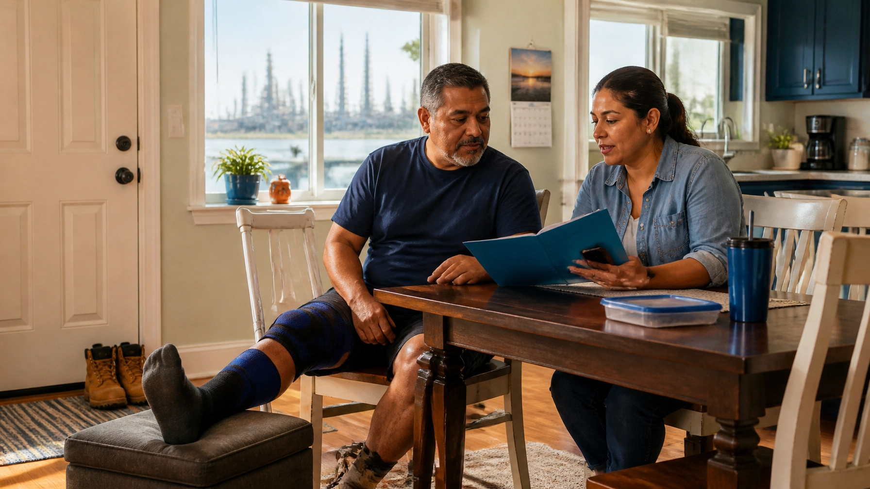 Injured Southeast Texas industrial worker reviewing home-support questions with a family member at a kitchen table