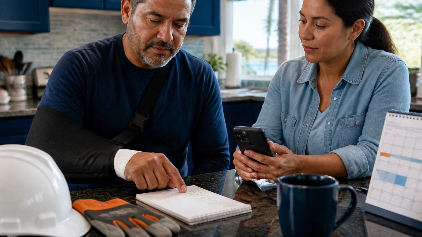Southeast Texas family member preparing to call an insurance carrier while reviewing a home-care task list