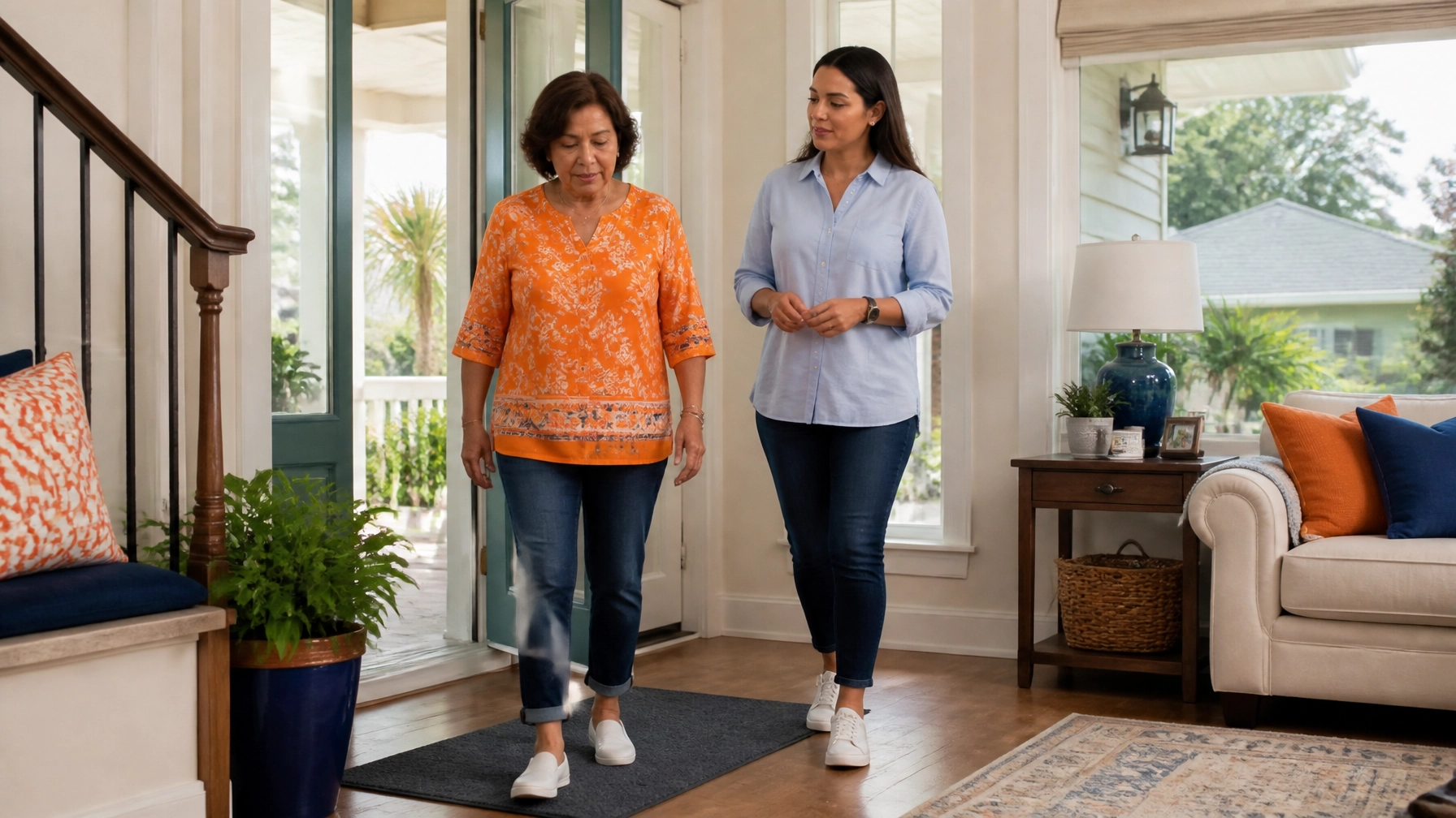 Older adult and family member reviewing a safe walking path in a bright Southeast Texas home