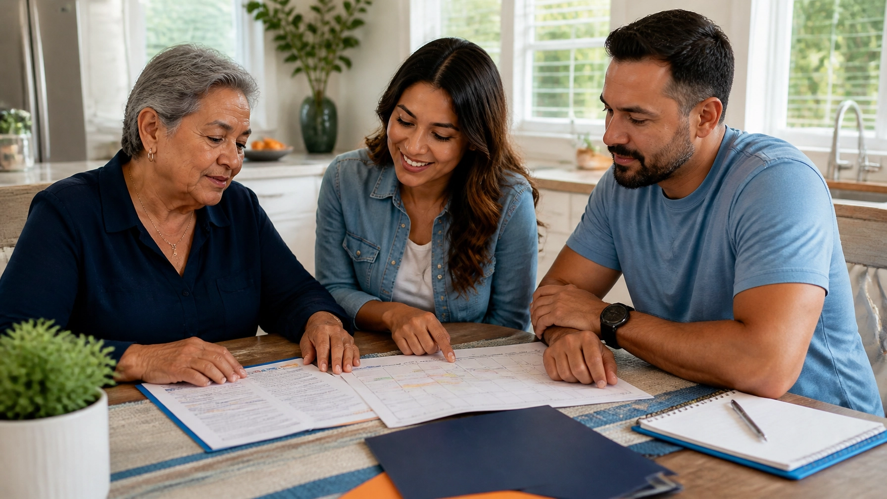 Multigenerational Southeast Texas family reviewing a caregiver resource list and calendar at a bright kitchen table.