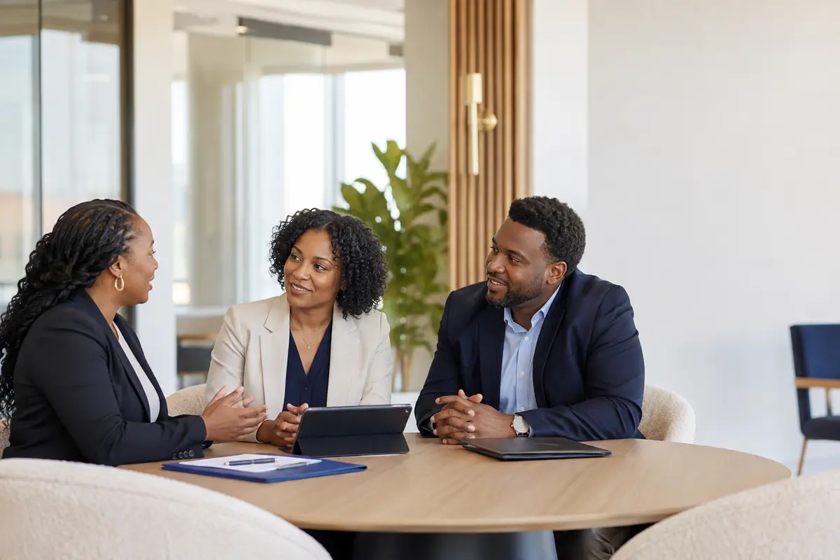 Three referral professionals discussing family home-support information together