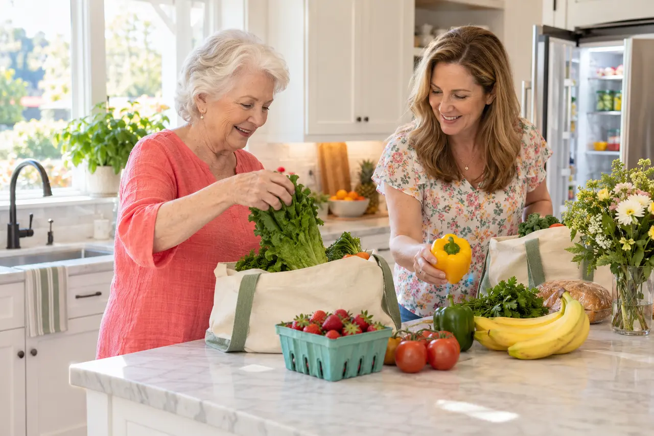 Older woman and her adult daughter putting away groceries together in a bright kitchen