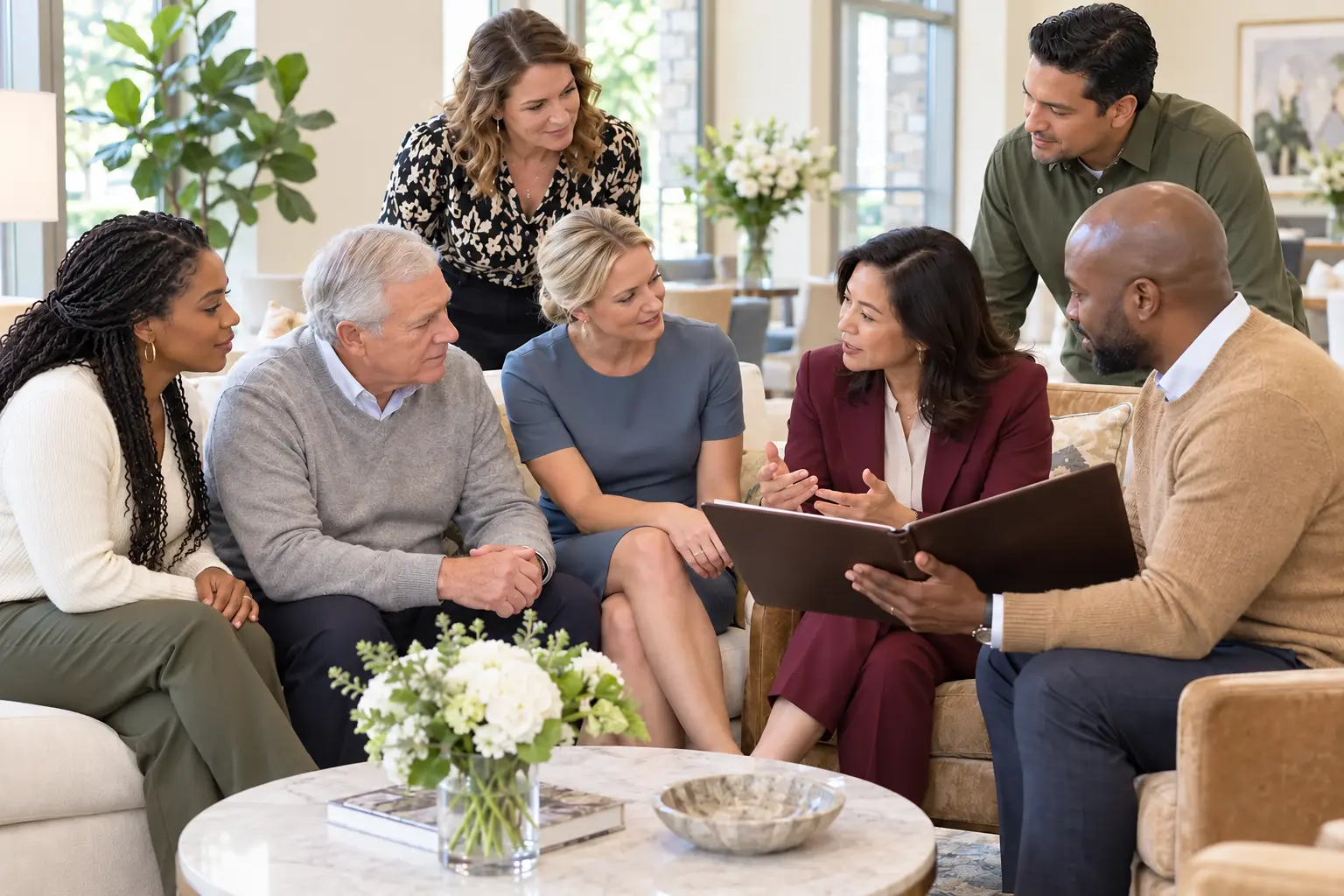 Referral professionals and family members discussing a home support plan together in a bright living room