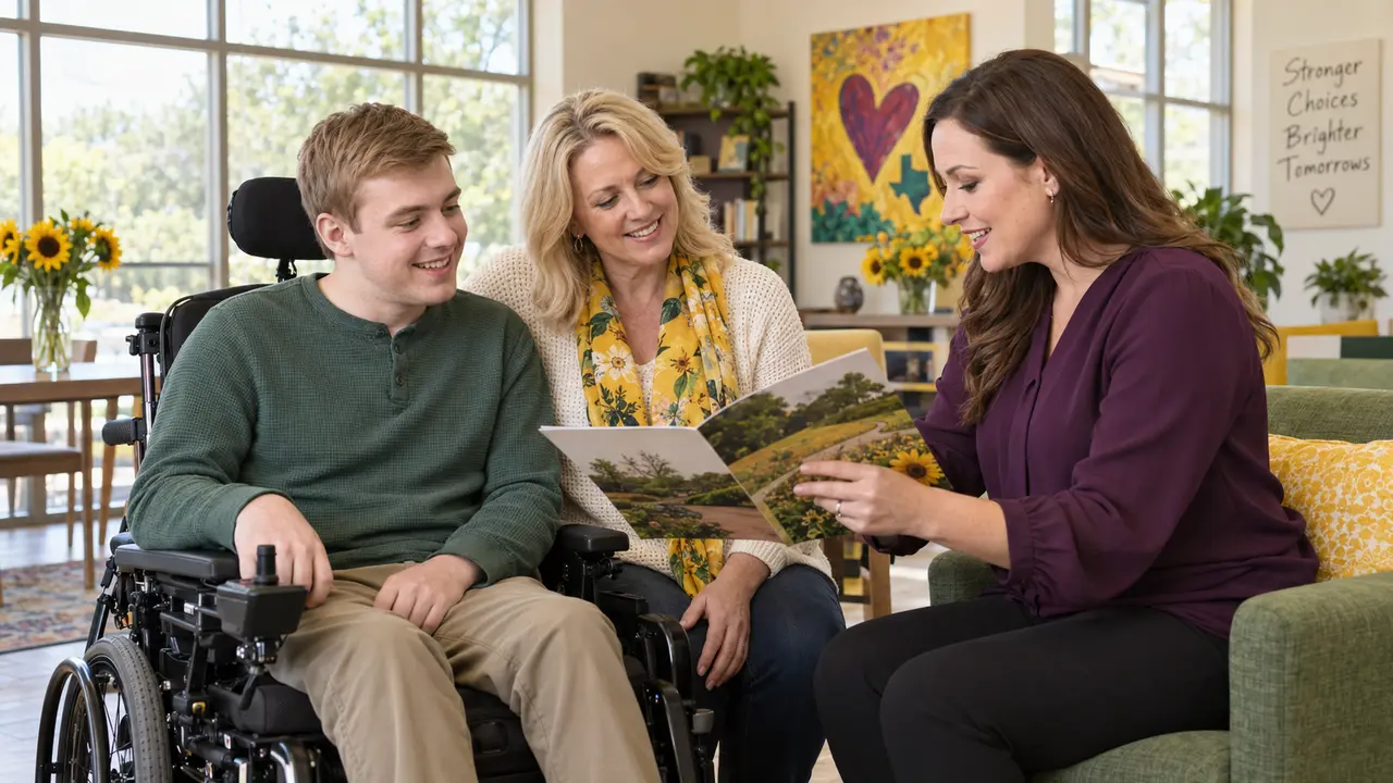 A family and support professional compare provider options with an adult who uses a wheelchair