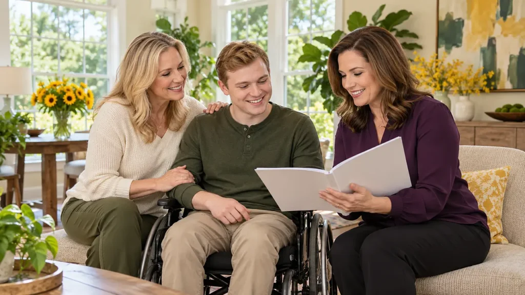 White family and professional reviewing CLASS and DBMD provider choices with a young wheelchair user
