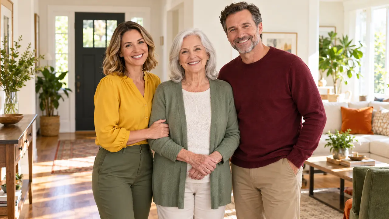 An older woman stands comfortably at home with two family members while discussing support