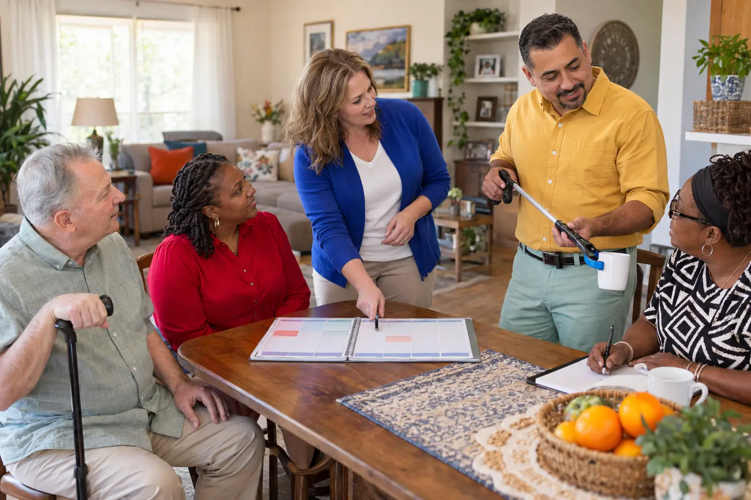 An older adult, family members, and support professionals reviewing a daily schedule and adaptive reaching tool at home