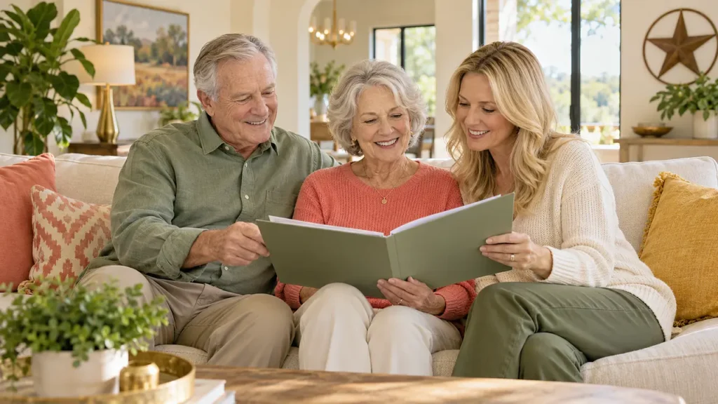 White Texas family reviewing personal assistance choices together in a bright living room
