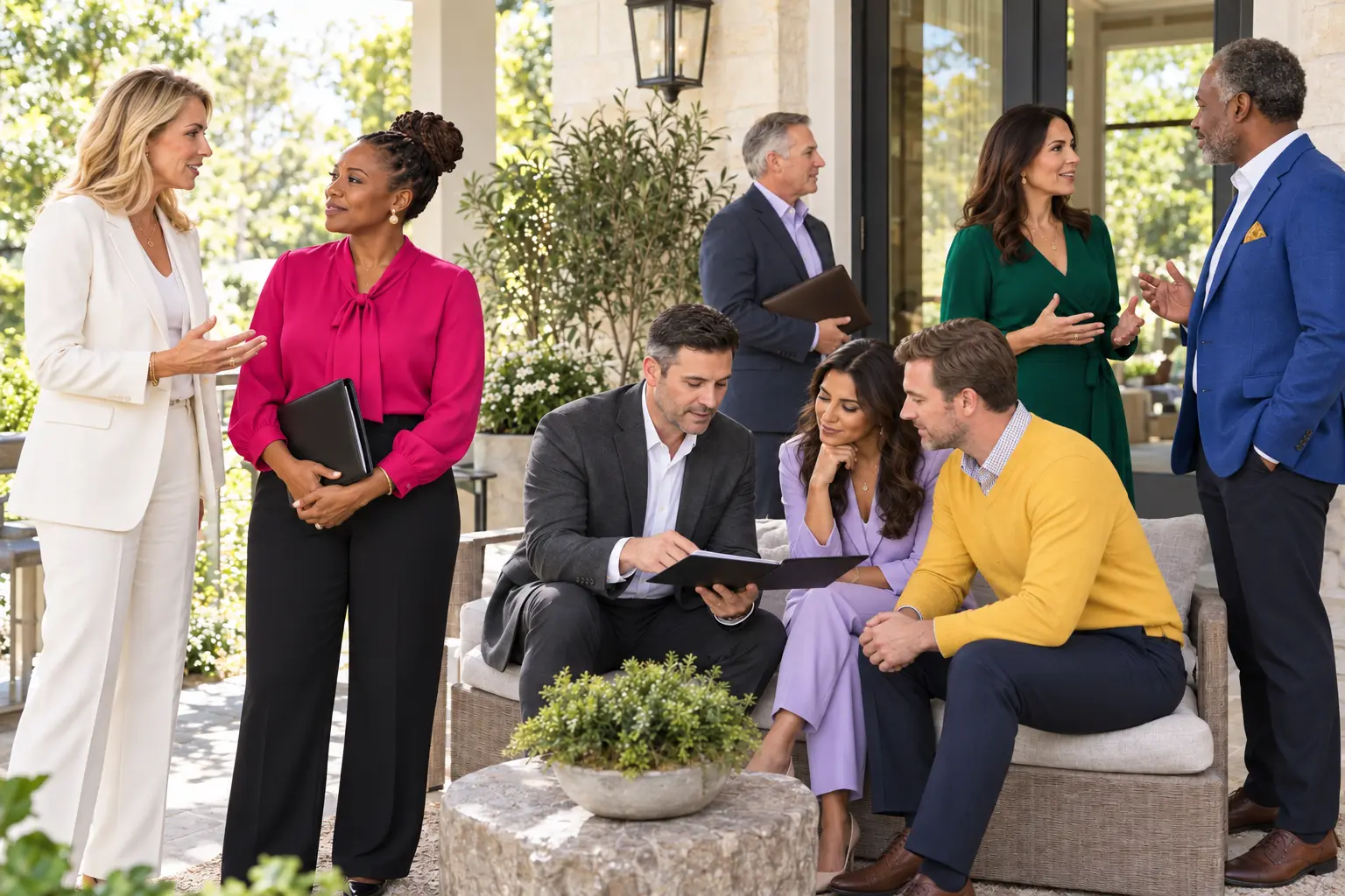 A diverse group of Southeast Texas professionals discussing family home-support resources on a bright patio