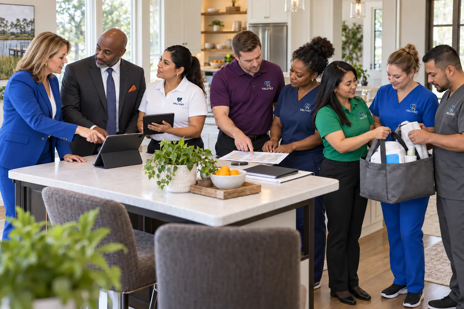 Valiynt leadership, managers, and caregivers coordinating family home-support planning in a bright home