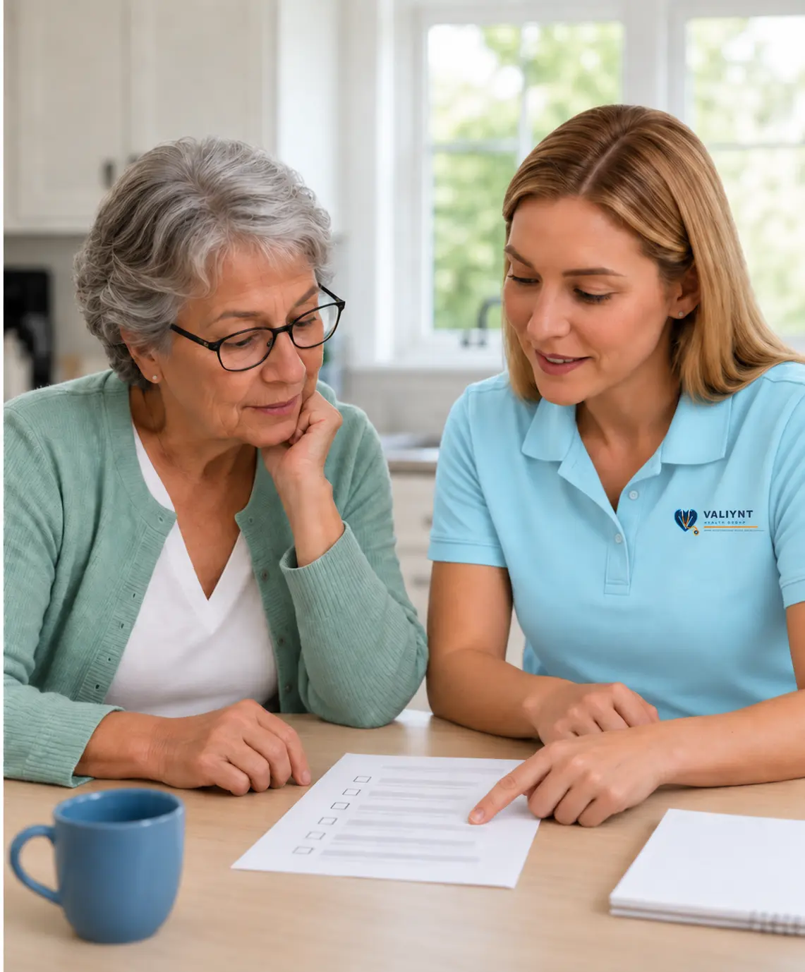 An older adult and a Valiynt care professional review a home-support checklist together at a kitchen table